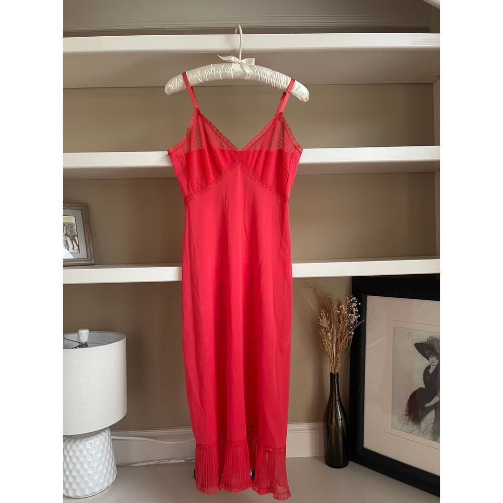 Vintage Pink Pleated Slip Dress Ruffle Trim - Size Small